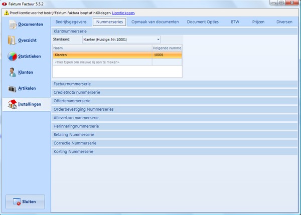 Factuur Software Instellingen Nummerseries