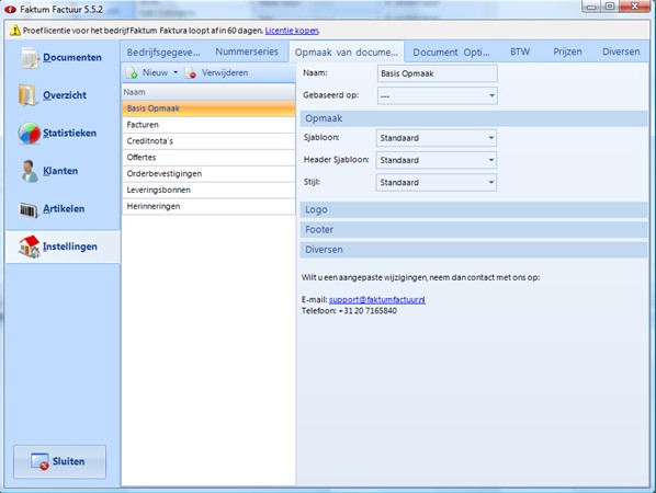 Factuur Software Instellingen Document opmaak