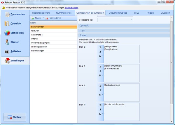 Factuur Software Instellingen Document opmaak