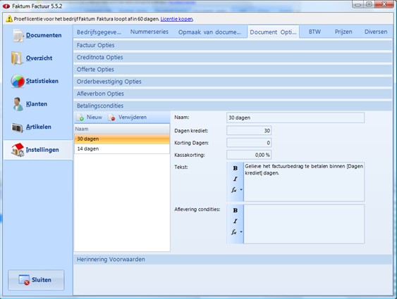 Factuur Software Instellingen Document Opties